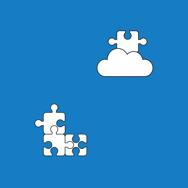 矢量图标概念的三个拼图块连接和缺失的拼图块在云上 带有黑色轮廓和蓝色背景的白色 — 图库矢量图片