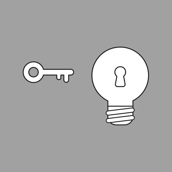 キーとキーを持つ電球のベクトルアイコンの概念 黒の輪郭とグレーの背景を持つ白い色 — ストックベクタ