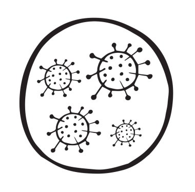 Wuhan Corona virüsünün el çizimi tasviri, covid-19. Beyaz arkaplan ve siyah çizgiler.