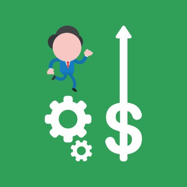 Vector illüstrasyon konsepti. İşadamı karakteri vites ve dolarla çalışıyor ve ok yukarı çıkıyor. Yeşil arkaplan.