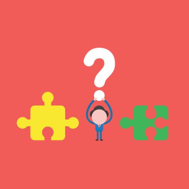 Uyumsuz yapboz parçaları olan ve soru işareti tutan iş adamı karakterinin vektör illüstrasyonu. Kırmızı arkaplan.