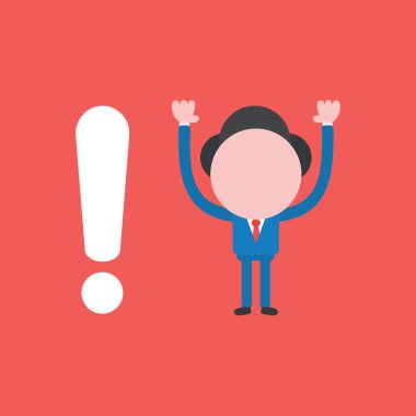 Ünlem işaretli iş adamı karakterinin vektör illüstrasyonu. Kırmızı arkaplan.