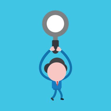 İş adamı karakterinin yürüyen ve büyüteç tutan vektör illüstrasyon kavramı. Mavi arkaplan.