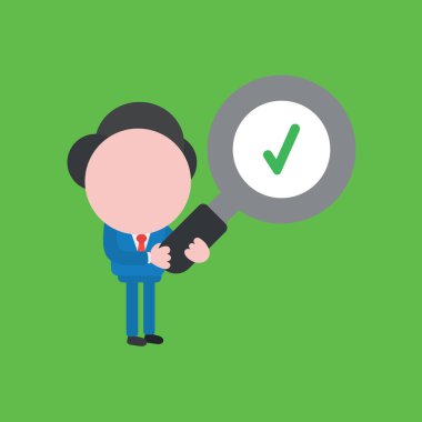 Vektör illüstrasyon konsepti. İşadamı karakteri, üzerinde onay işareti olan büyüteç tutuyor..