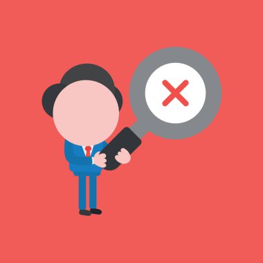 Vektör illüstrasyon konsepti, işadamı karakterinin x işaretli büyüteç tutması. Kırmızı arkaplan.