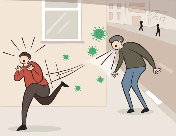 Wuhan Corona virüsünün el çizimi tasviri, covid-19. Sokakta hapşıran ya da öksüren bir adam ve korkmuş ve kaçan başka bir adam..