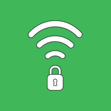 Kablosuz kablosuz kablosuz sembolün kapalı asma kilidi ile illüstrasyon konsepti. Beyaz renkli, siyah çizgiler ve yeşil arkaplan.