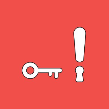 Anahtar deliği ve anahtarla ünlem işareti vektör illüstrasyon kavramı. Beyaz renkli, siyah çizgiler ve kırmızı arkaplan.