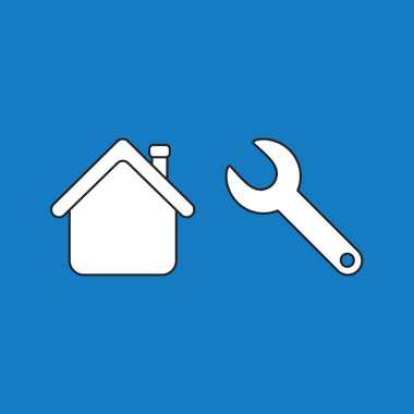 Anahtarlı tamir evi illüstrasyon konsepti. Beyaz renkli, siyah çizgiler ve mavi arkaplan.