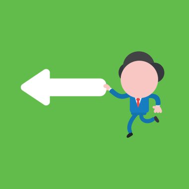 Vektör illüstrasyon konsepti, iş adamı karakteri koşuyor ve sol oku tutuyor. Yeşil arkaplan.