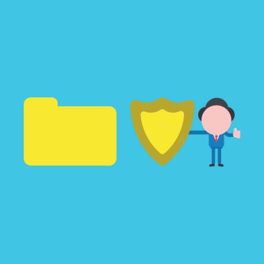 Kapalı dosya klasörlü koruma kalkanı taşıyan iş adamı illüstrasyon konsepti. Mavi arkaplan.