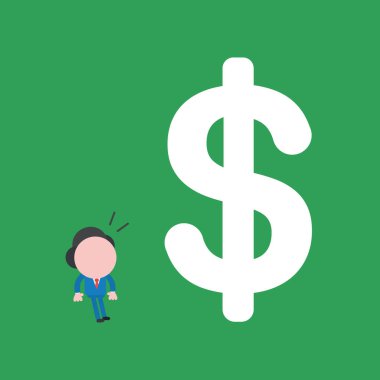 Büyük dolar sembolü arayan şaşırtıcı iş adamı karakteri tasviri. Yeşil arkaplan.