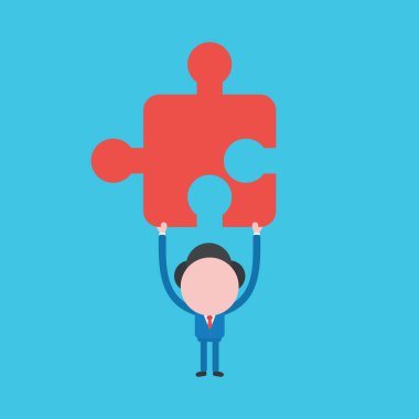 Yapboz parçasını tutan işadamı karakterinin vektör çizimi. Mavi arkaplan.