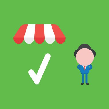 Mağaza tentesinin altında işaret olan iş adamı tasviri konsepti. Yeşil arkaplan.