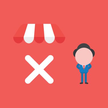 Mağaza tentesinin altında x işareti olan iş adamı çizimi. Kırmızı arkaplan.