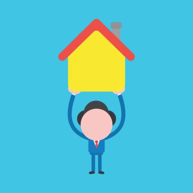 İş adamı karakterinin evi zapt edişinin temsili. Mavi arkaplan.