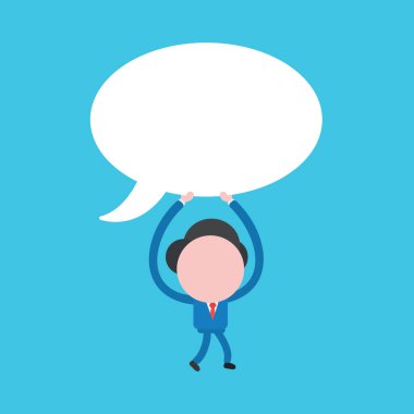 İş adamı karakterinin boş konuşma baloncuğu taşıdığı vektör illüstrasyonu. Mavi arkaplan.