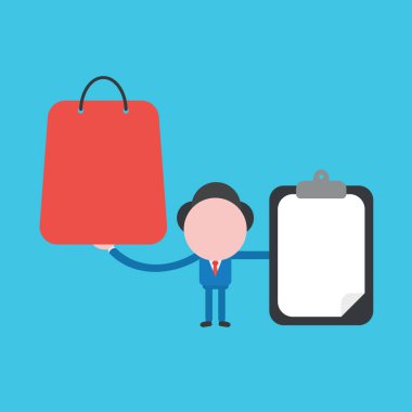 İş adamı karakterinin elinde alışveriş çantası ve boş kağıt olan bir pano taşıdığı vektör çizimi konsepti. Mavi arkaplan.