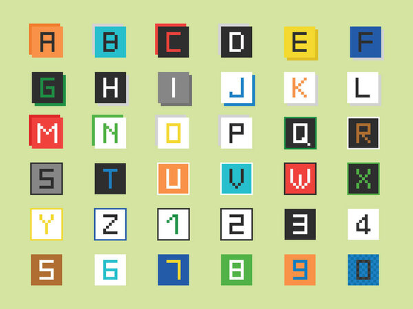 Pixel font set, letters and numbers in different colors and square background, vector and in flat color.