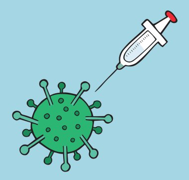Wuhan Corona virüsünün el çizimi tasviri, covid-19. Mavi arka planda virüs ve şırınga.
