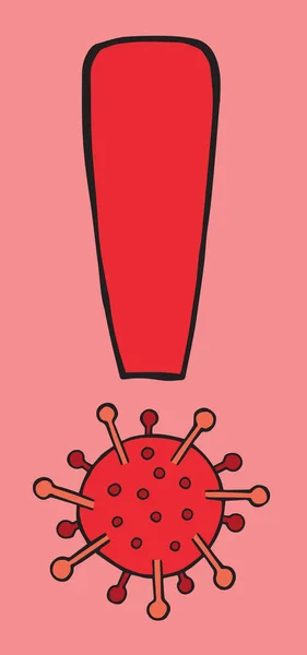 武漢コロナウイルス Covid 19の手描きベクターイラスト 赤の背景にウイルスとの感嘆符 — ストックベクタ