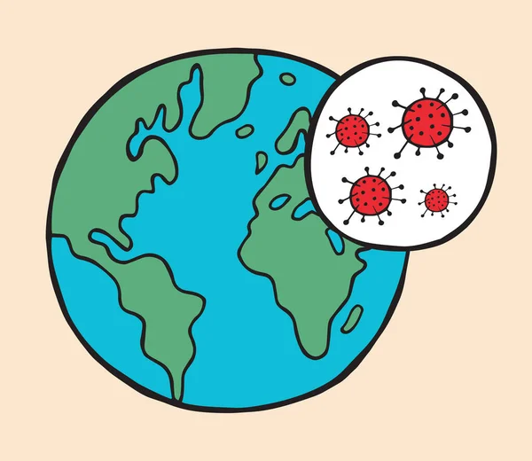 武漢コロナウイルス Covid 19の手描きベクターイラスト 世界の地球とウイルス — ストックベクタ