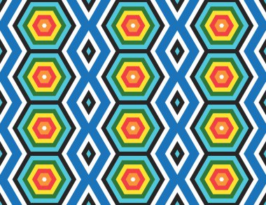 Beyaz, turuncu, kırmızı, sarı, yeşil, mavi ve siyah renklerde kusursuz geometrik desen, doku veya arkaplan vektörü.