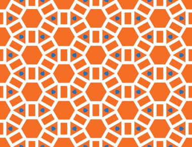 Turuncu, beyaz ve mavi renklerde kusursuz geometrik desen, doku veya arkaplan vektörü.