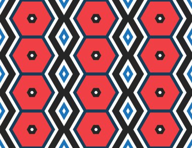 Kırmızı, mavi, beyaz ve siyah renklerde kusursuz geometrik desen, doku veya arkaplan vektörü.