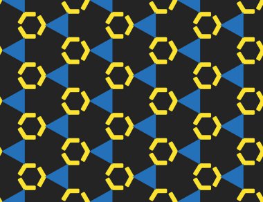 Siyah, sarı ve mavi renklerde kusursuz geometrik desen, doku veya arkaplan vektörü.