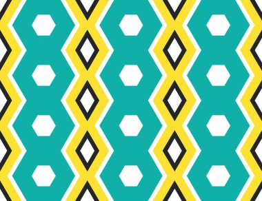 Mavi, sarı, siyah ve beyaz arka planda kusursuz geometrik desen, doku veya arkaplan vektörü.