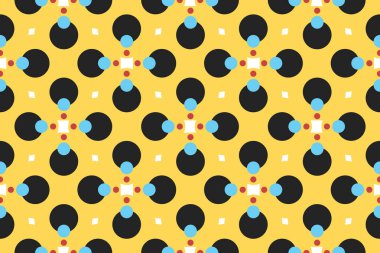 Sarı, siyah, mavi, kırmızı ve beyaz renklerde kusursuz geometrik desen, doku veya arkaplan vektörü.