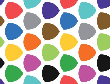 Beyaz arkaplanda kırmızı, mavi, yeşil, mor, turuncu, sarı, kahverengi ve siyah renklerde kusursuz geometrik desen, doku veya arkaplan vektörü.