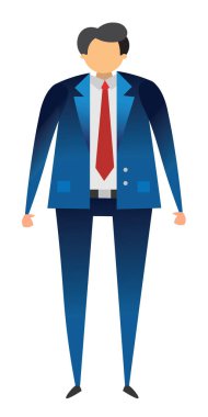 Mavi takım elbise vektör illüstrasyonuyla ayakta duran iş adamı karakteri.