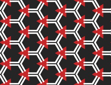Siyah, kırmızı ve beyaz renklerde kusursuz geometrik desen, doku veya arkaplan vektörü.