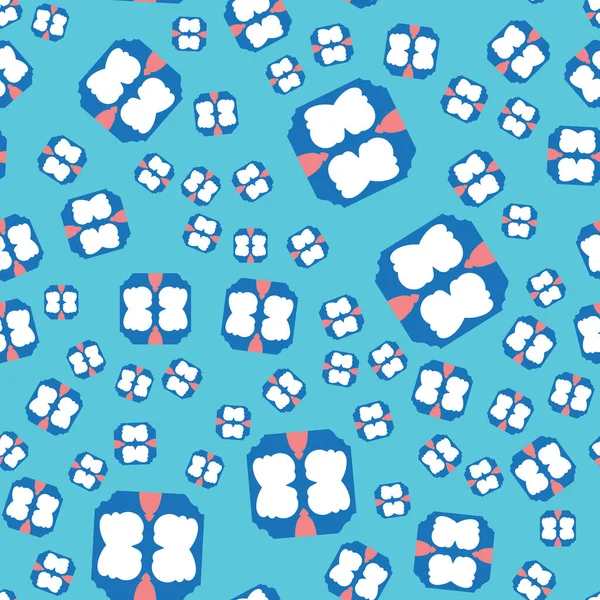 Geometrik şekilli kusursuz desen arkaplanı, mavi, kırmızı ve beyaz farklı boyutlarda renklendirilmiş ve döndürülmüş..