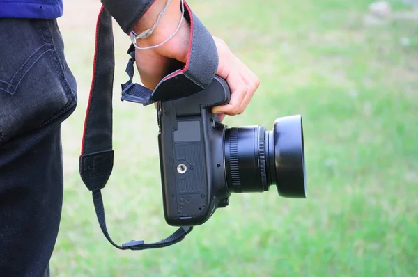 Photographer Holding Camera Garden — Stock Photo, Image