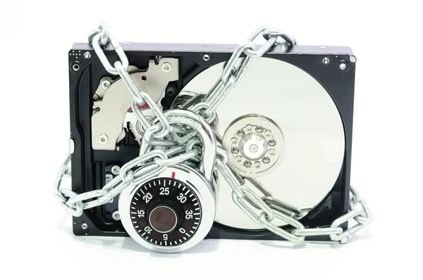 Ransomware ve veri şifreleme konsepti için beyaz arka plan üzerinde sabit disk sürücüsüyle zinciri ve asma kilit kilitli