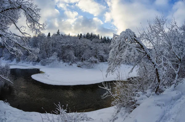 Vinterkväll Nära Den Frusna Älven Runt Den Snötäckta Skogen — Stockfoto