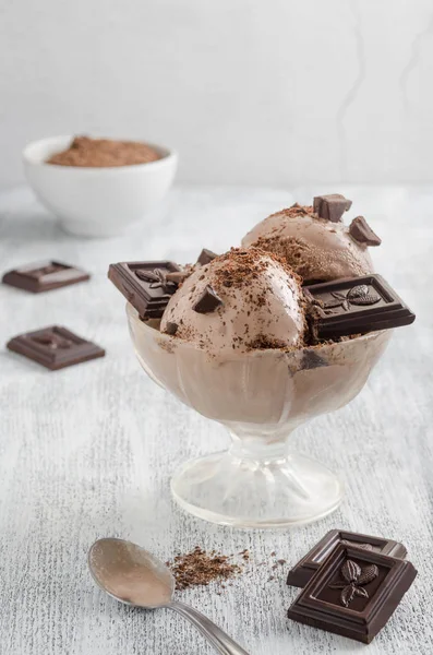 Chocolate ice cream with chocolate chips and chocolate chips in a transparent bowl on a white wooden table, in the background pieces of chocolate bars.In the background, a white Cup with chocolate chips.