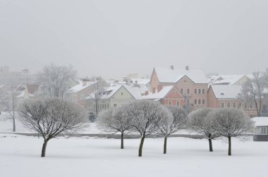 Eski Avrupa şehrinde sisli ve bulutlu bir kış sabahı. Ön planda donmakta olan bir sıra ağaç, arka planda sisin içindeki eski evler..