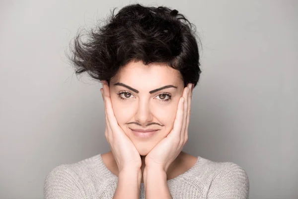 Woman with Drawn Mustaches — Stock Photo, Image