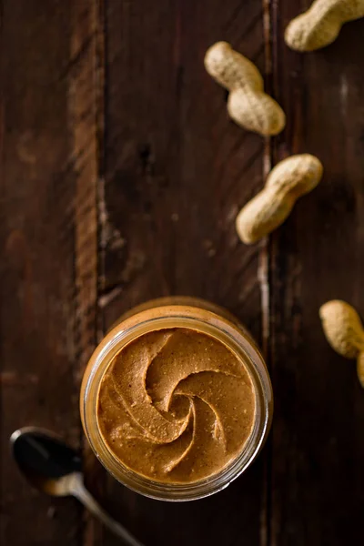 Peanut Butter Glass Jar Peanuts Wood — Stock Photo, Image