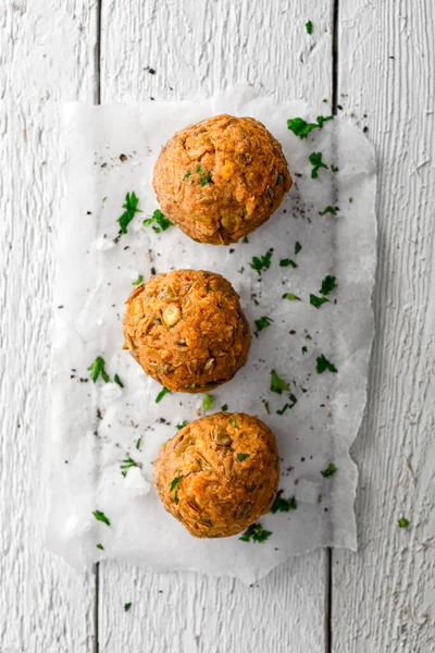 Vegan Lentil Meatballs Baking Paper White Wooden Surface — Stock Photo, Image