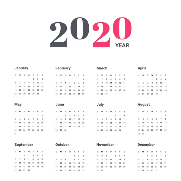 Kalender 2020, Week start vanaf zondag, business template — Stockvector