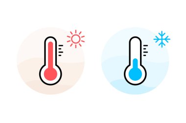 Isı ve soğuğu ölçen termometre, güneş, kar tanesi simgeleri. Vektör illüstrasyonu