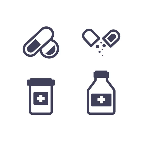 Medical pills and bottles icons set on white background — Stock Vector