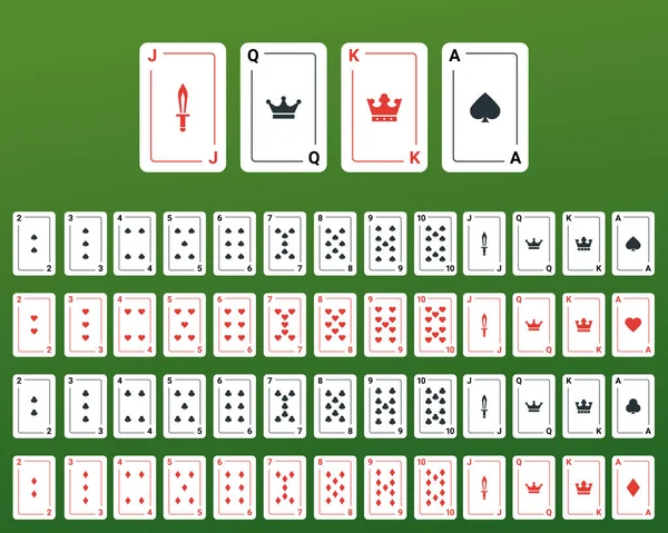 Yeşil arkaplanda izole edilmiş kartlarla poker seti