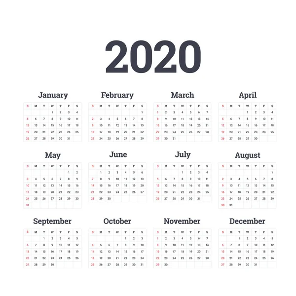 Kalender 2020 vector basisraster. Eenvoudig ontwerp sjabloon — Stockvector