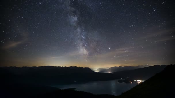 Time Lapse Milky Way Night Sky Stars Lake Walchensee Mountains — Stock Video